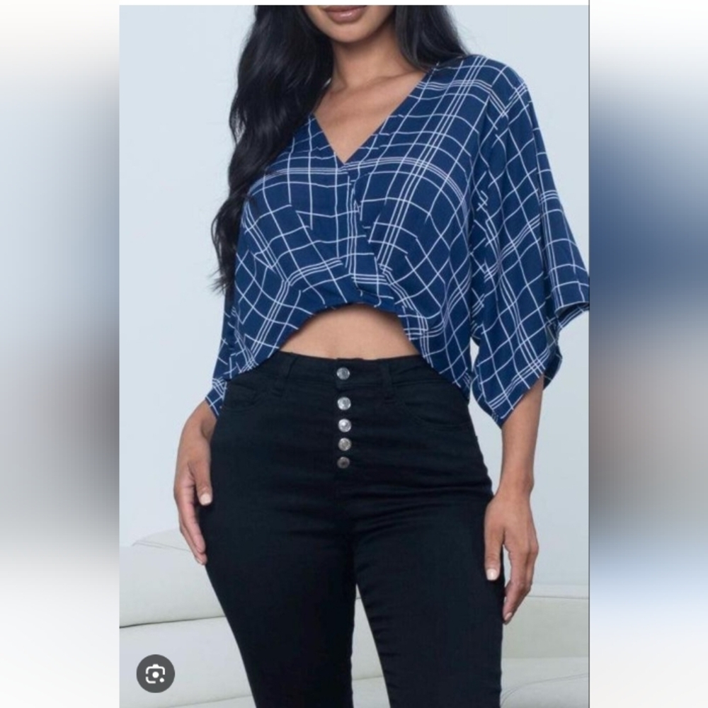 Navy Checkered V-Neck Blouse